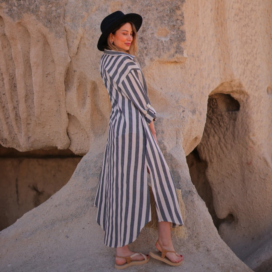 Anthracite Striped Long Linen Shirt Dress