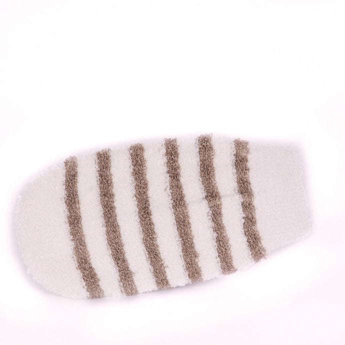 White bath mitt with brown stripes on a white background