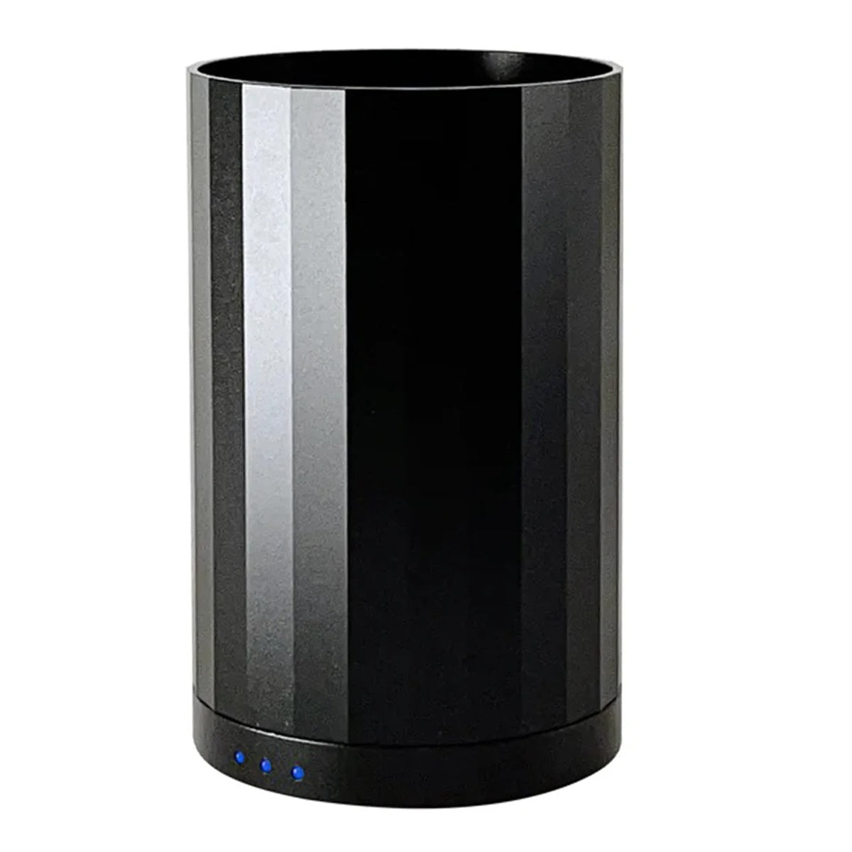 Black cylindrical lighting device with blue lights on a white background
