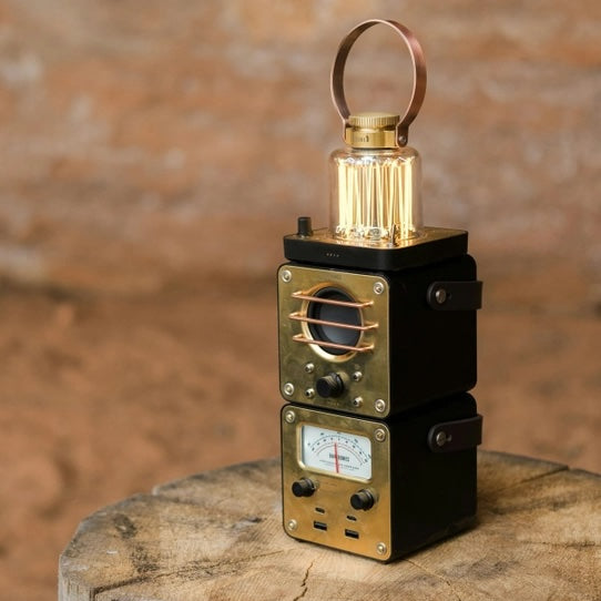 Vintage-style radio receiver on a wooden surface with a rustic background