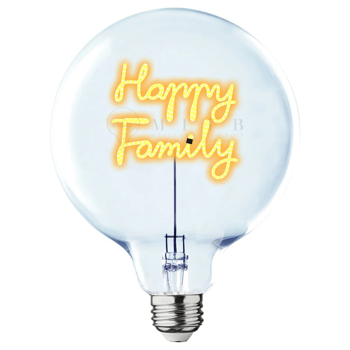 Neon light bulb with 'Happy Family' text on a white background