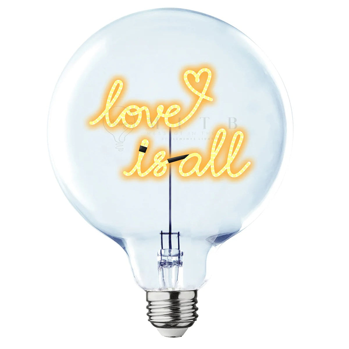 Neon light bulb with 'love is all' text on a white background