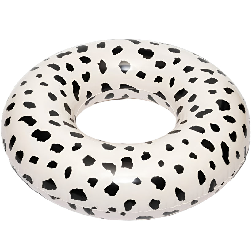 Inflatable pool ring with black and white Cheetah pattern on a white
 background