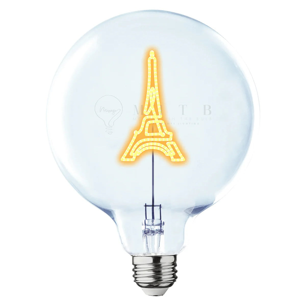 Light bulb with Eiffel Tower design on a white background