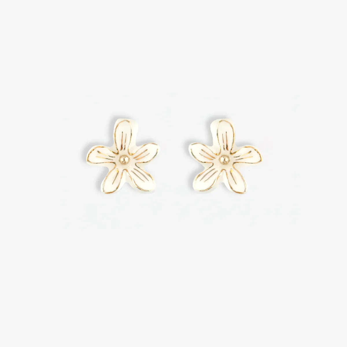 A pair of small gold flower stud earrings with five petals and a tiny central pearl-like accent, shown on a plain light gray background.