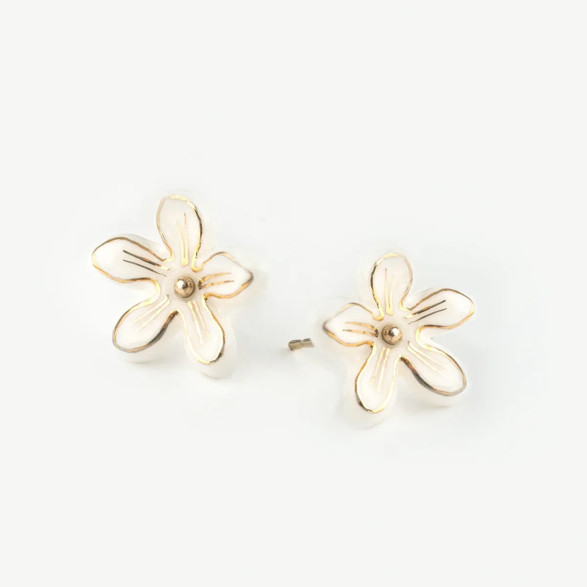 A pair of gold flower stud earrings with a textured, ribbed petal design and a small central gold bead, shown on a plain white background.