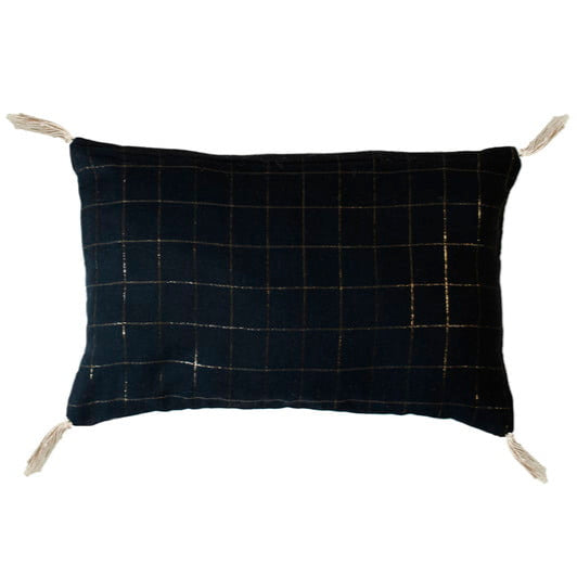 A small cushion cover with a black and gold grid block print design.