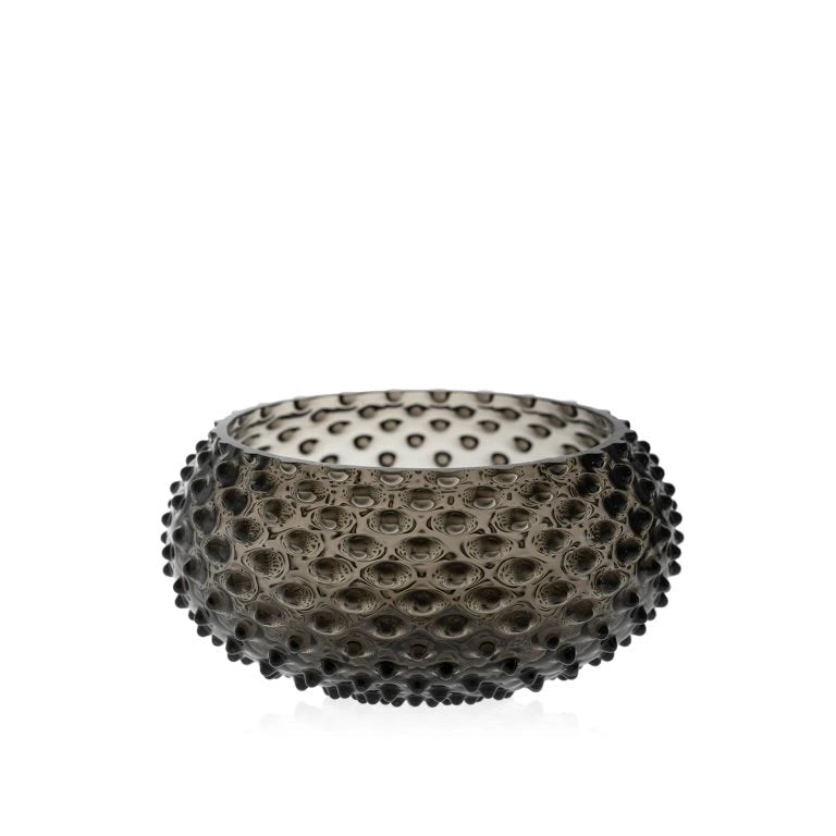 Decorative black smoke glass bowl with a textured surface on a white background