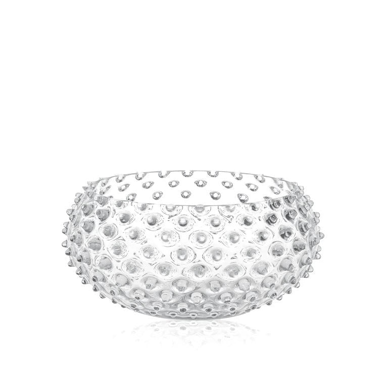 Decorative clear glass bowl with a textured surface on a white background