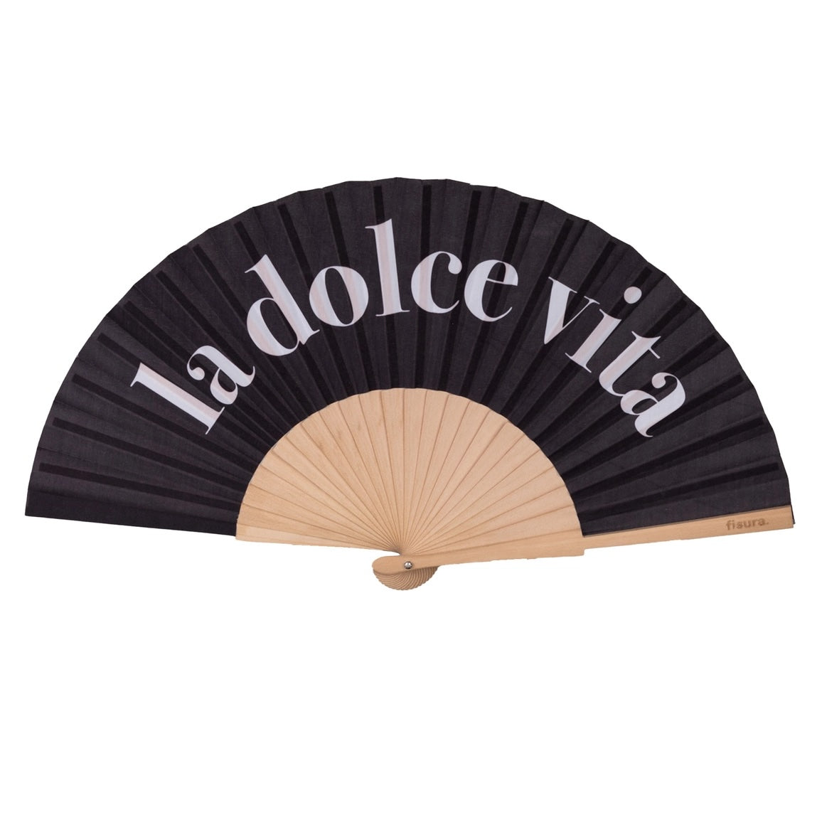 Black hand fan with 'La dolce vita' text on a white background