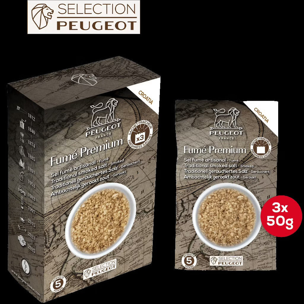 Peugeot Fume Premium salt packaging on a black background
