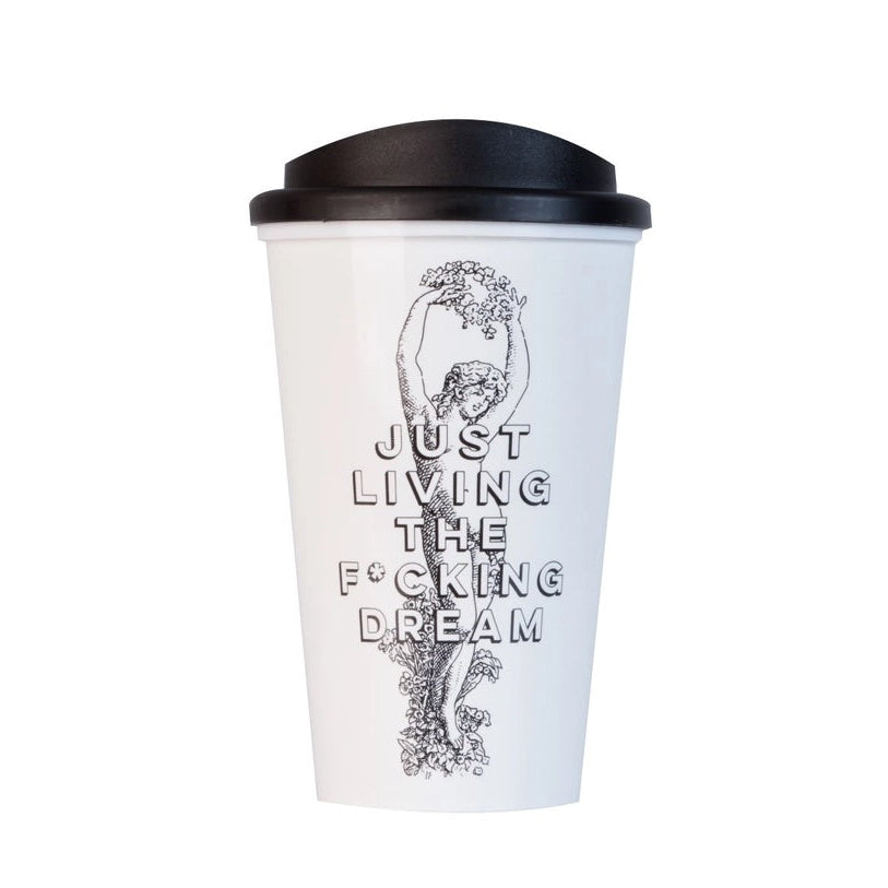 White travel mug with black lid featuring a printed design and text on a white background