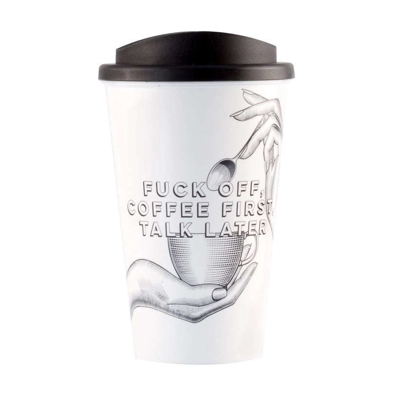 White travel mug with black lid featuring a graphic of a hand holding a coffee cup and text on a white background