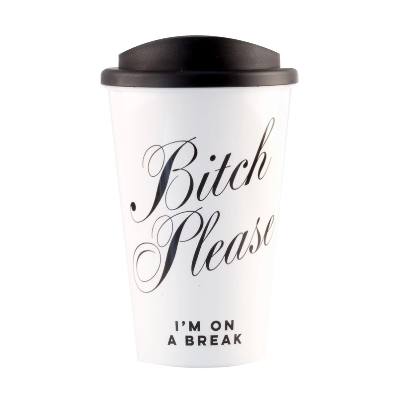 White travel mug with black text on a white background