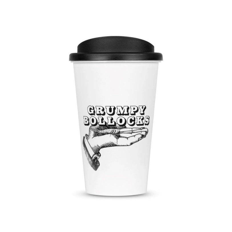 White travel mug with black lid featuring graphic design and text on a white background