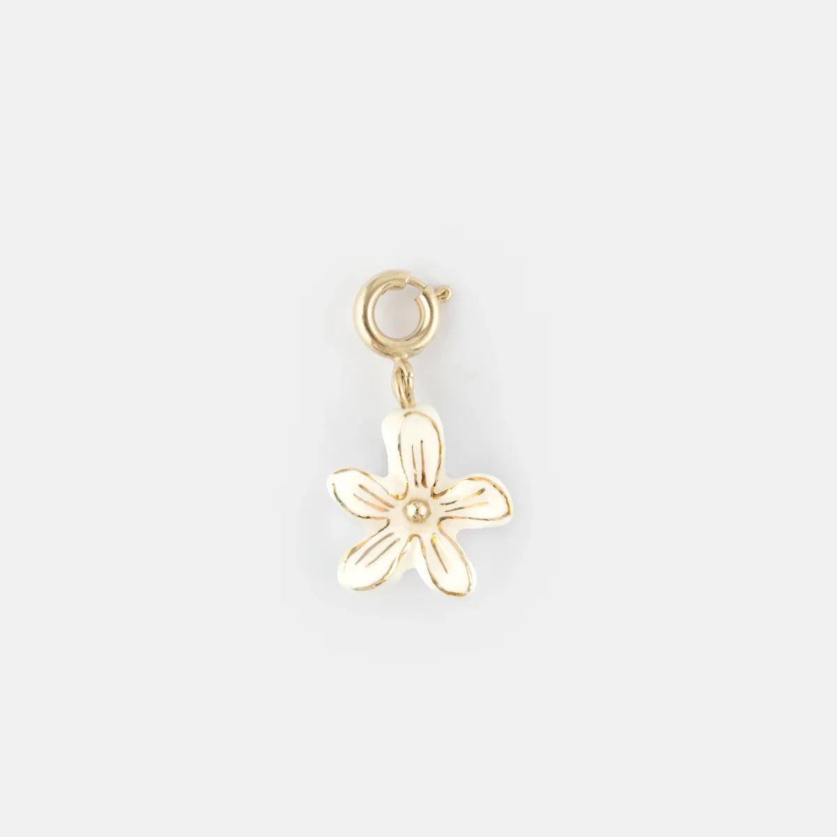 A small gold flower charm with five petals and a lobster clasp at the top, shown on a plain light gray background.
