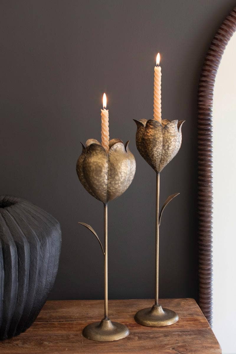 Set of Two Antique Brass Tulip Taper Candle Holders – Kalalou