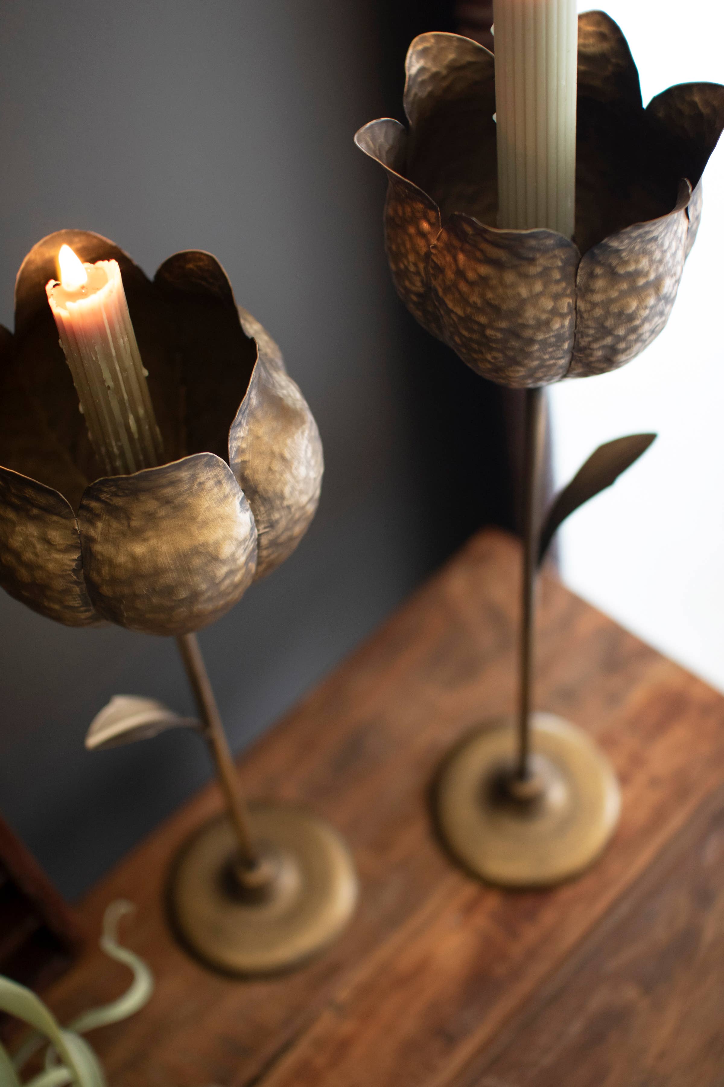 Set of Two Antique Brass Tulip Taper Candle Holders – Kalalou