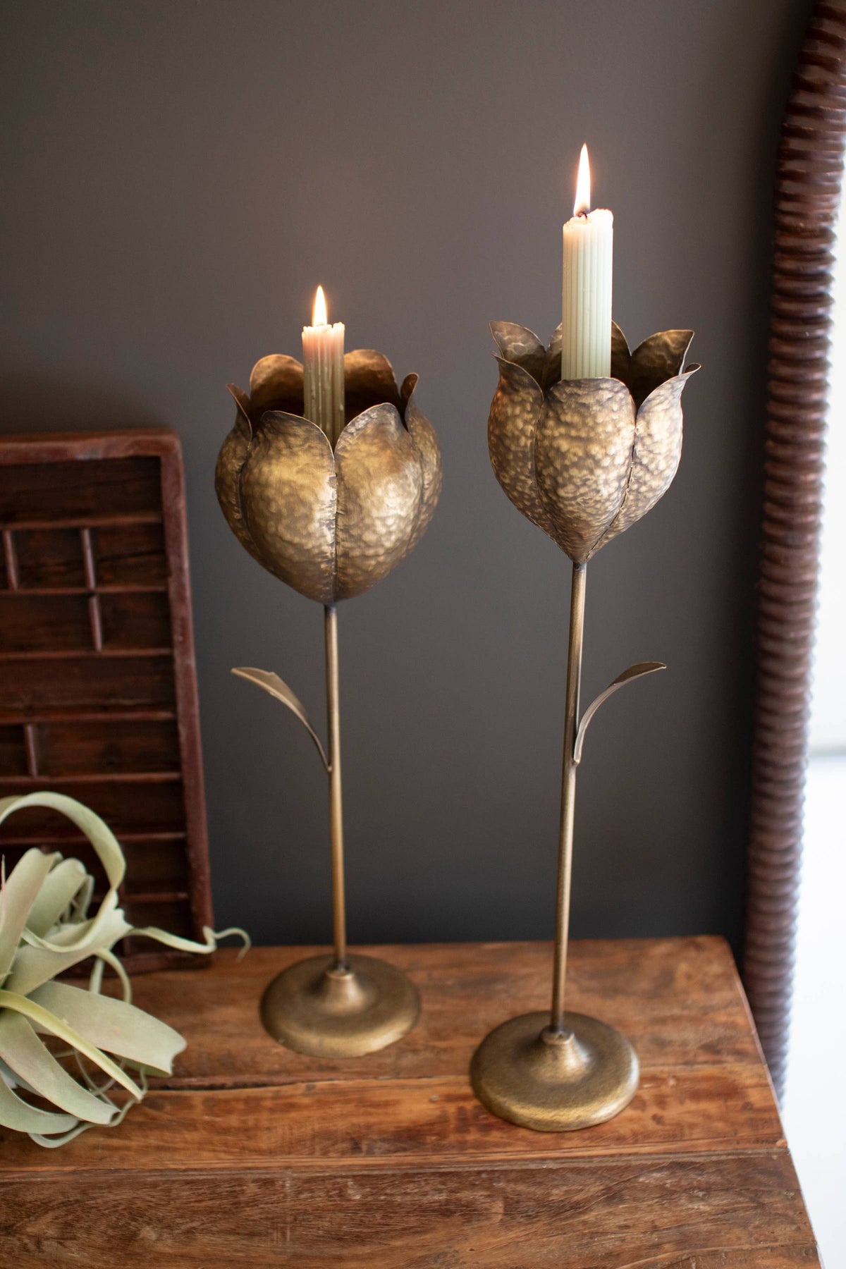 Set of Two Antique Brass Tulip Taper Candle Holders – Kalalou