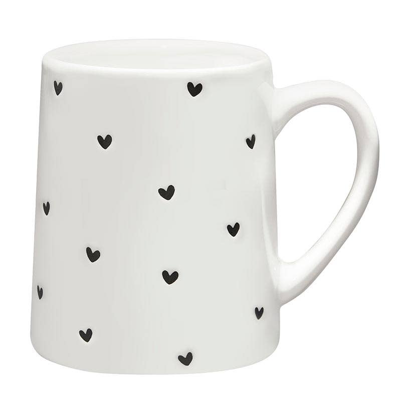 Tapered white ceramic mug with a row of debossed black hearts – Santa Barbara Design Studio