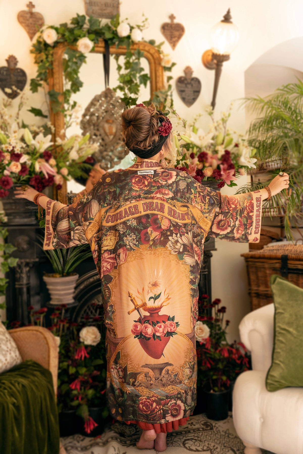 Back of a floral kimono robe with a large sacred heart of roses and banner lettering – Market of Stars
