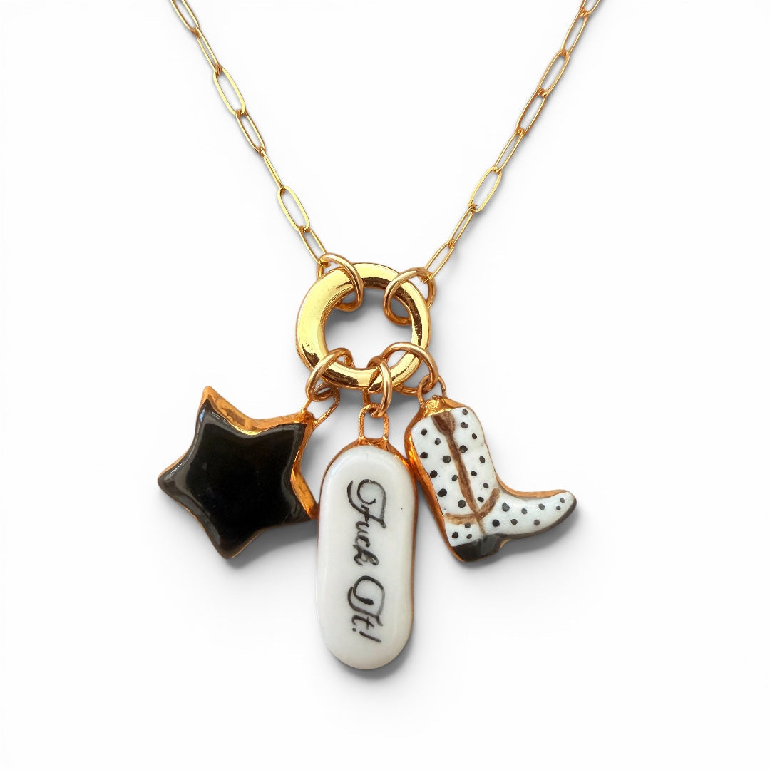 Black Star, Fuck It!, Spotted Cowboy Boot Charm Necklace – Shá Parlé