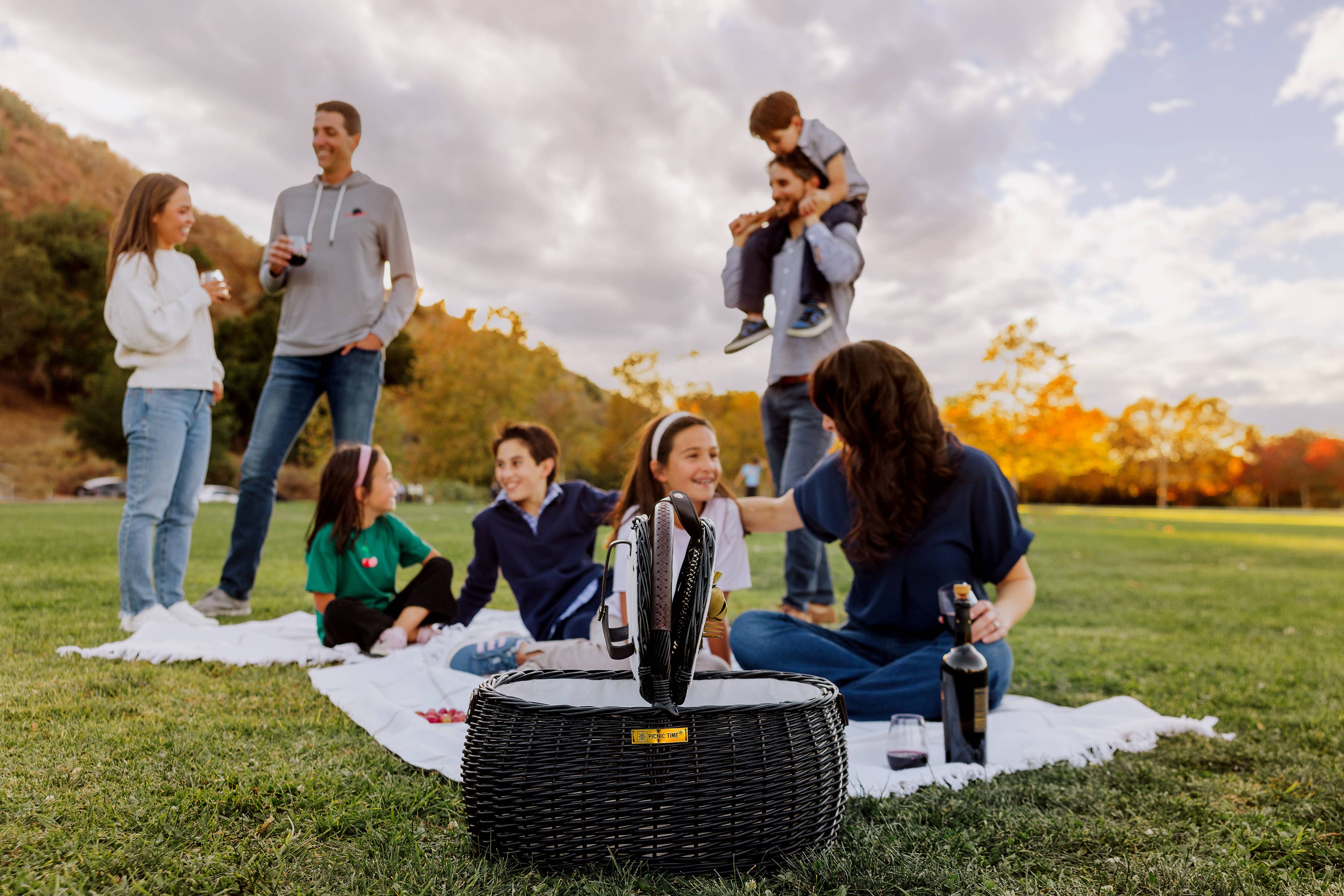 Evening Picnic Basket on a picnic blanket with wine during a family gathering - Picnic Time