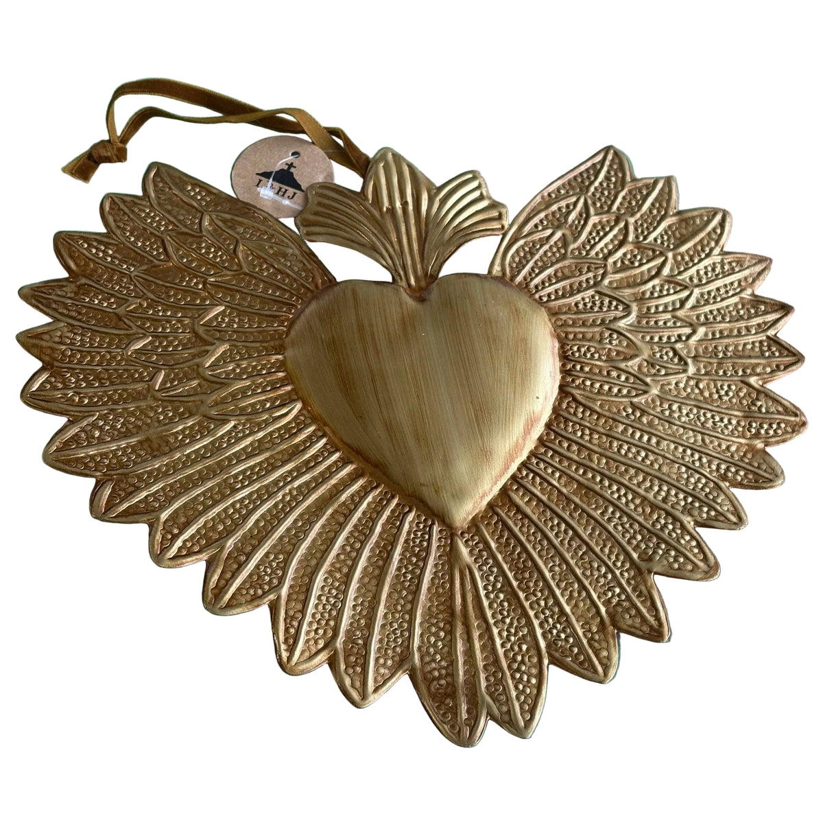 Antique gold embossed tin sacred heart with spread feathered wings, flame and velvet hanging ribbon – Love & Honor Jesus