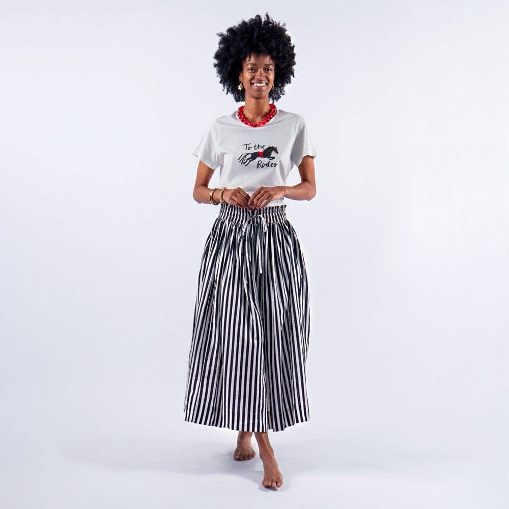 Black and white vertical striped cotton maxi skirt with elastic drawstring waist – INK + ALLOY