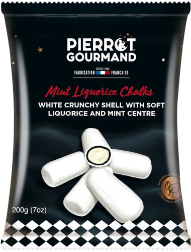 Pierrot Gourmand Mint Licorice Chalks bag, white crunchy shells cut open to reveal the soft mint licorice center