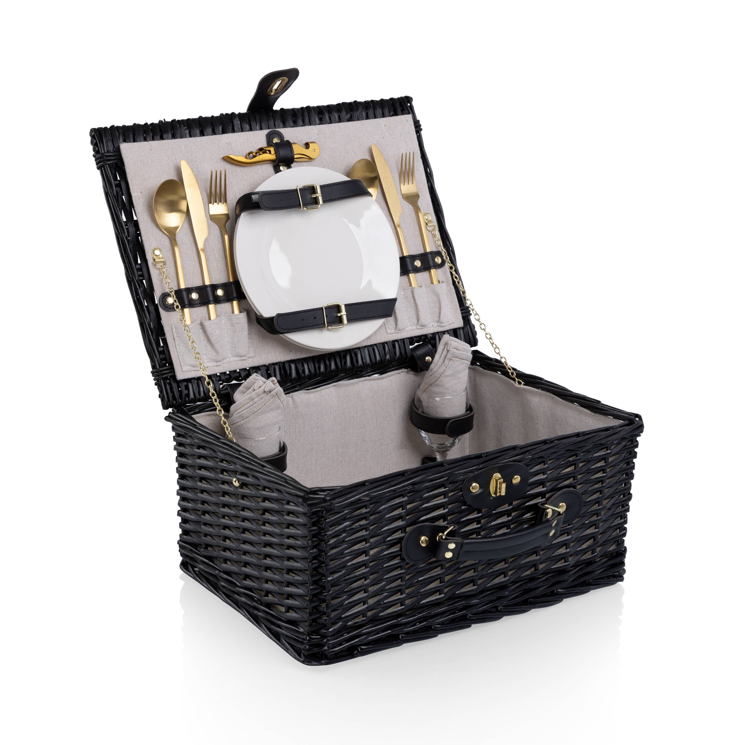 Picnic Basket Set for 2, Black Willow with Beige Accents, open with gold flatware and porcelain plates - Picnic Time