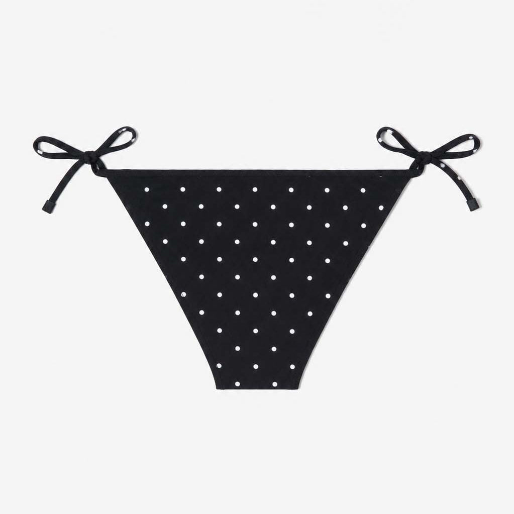 Mini-dot tie-side bikini styled on the beach, full look – Blanche Edit