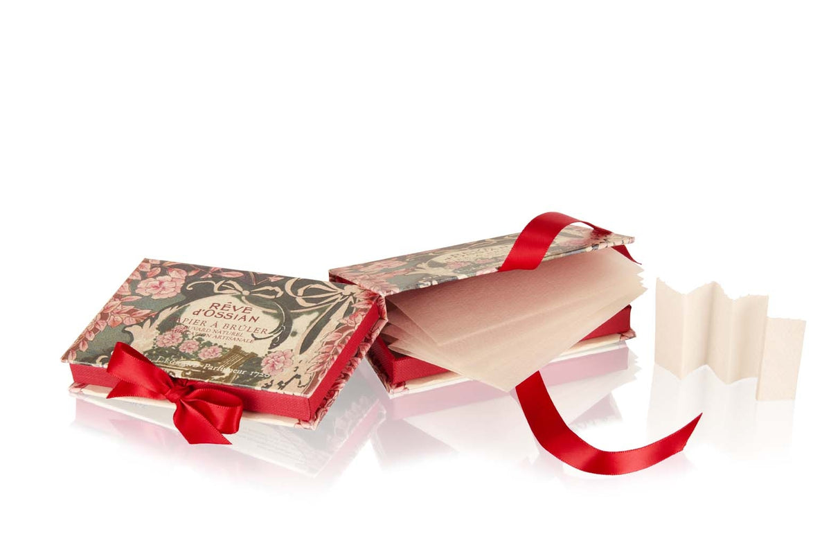 Rose-decorated vintage box of scented paper strips opened with a red ribbon – Oriza L. Legrand