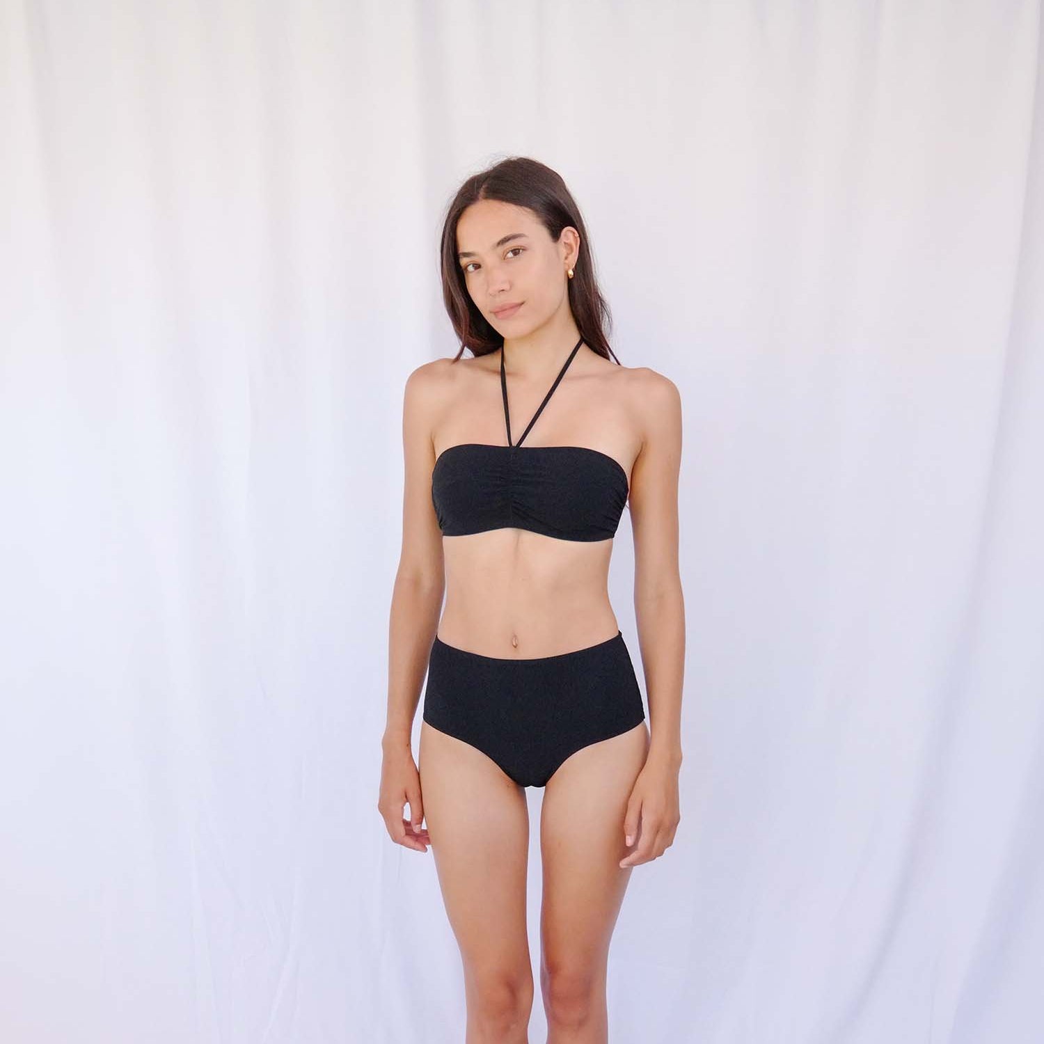 Black high-waist bikini bottom in matte Italian fabric, full-coverage cut – Blanche Edit