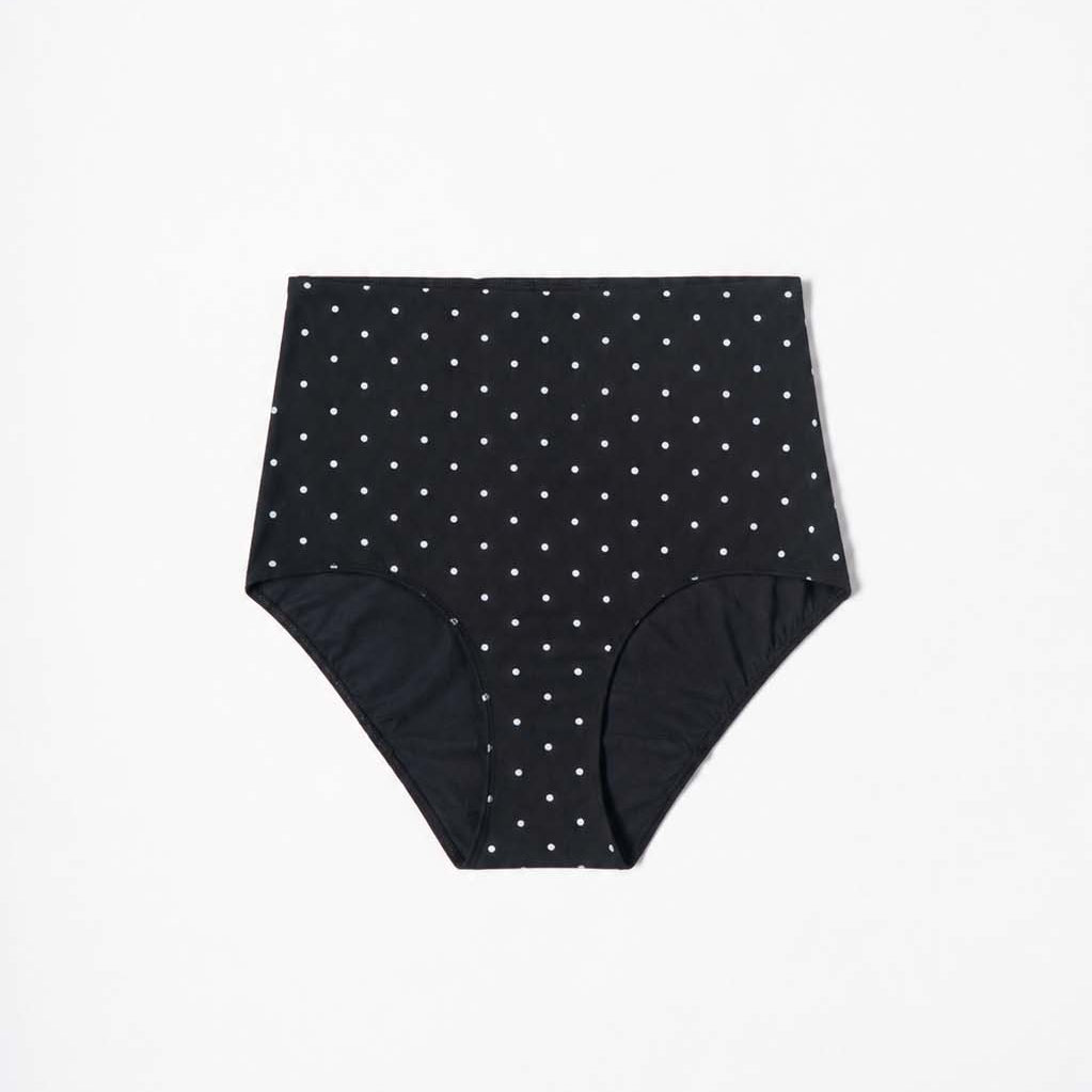 Close view of the mini-dot print on the high-waist bikini's matte fabric – Blanche Edit