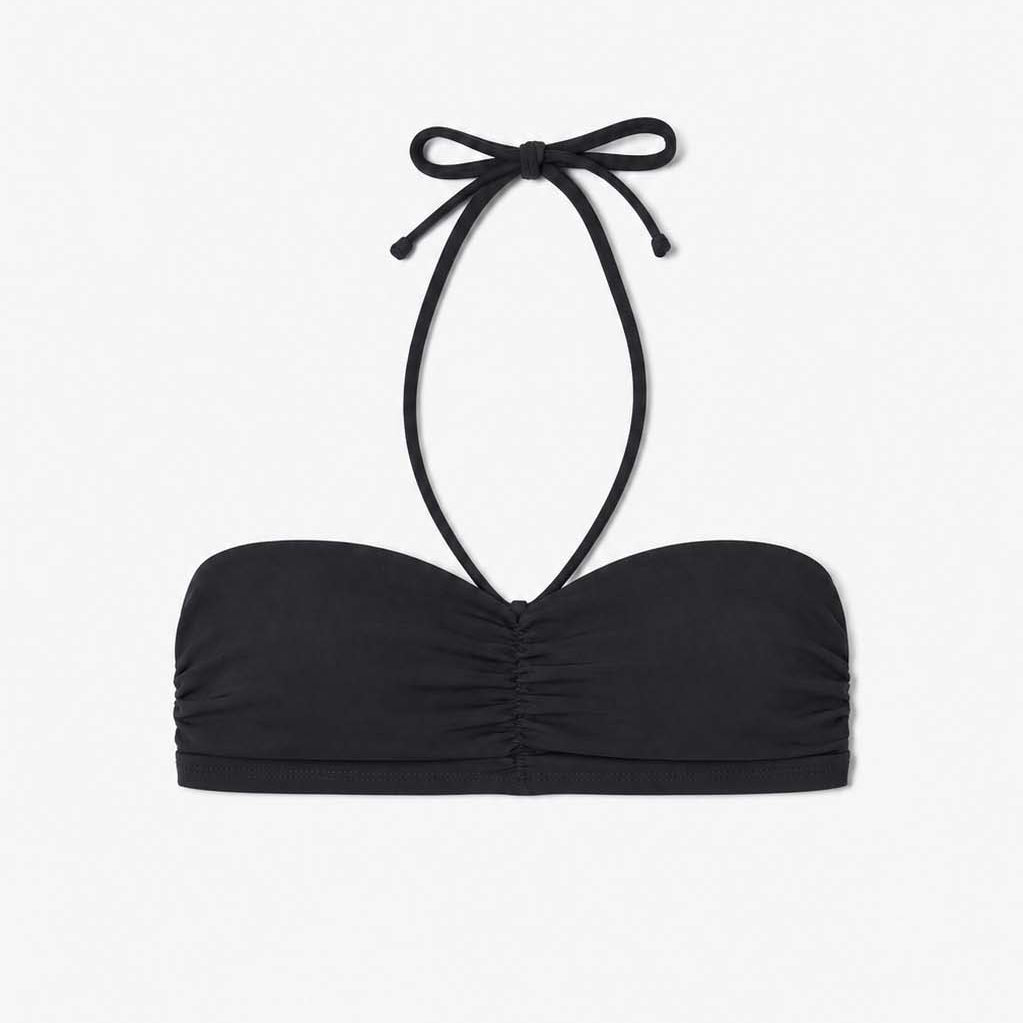 Detail of the black bandeau's centre gathering and smooth matte finish – Blanche Edit
