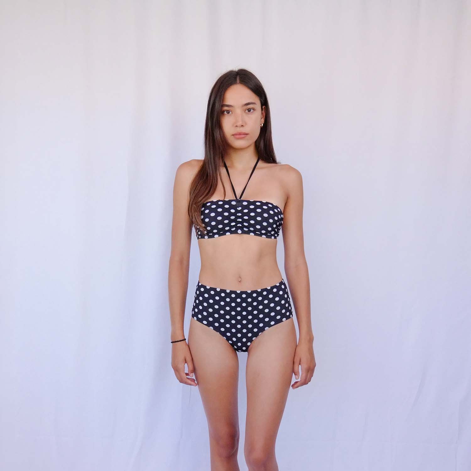 Model in the polka-dot bandeau, gathered centre front in full sunlight – Blanche Edit