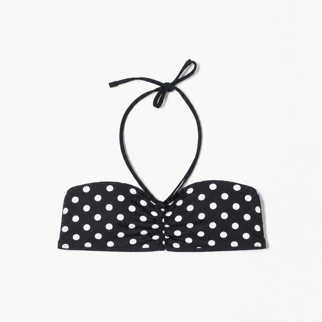 Detail of the large white dots on the black bandeau swim fabric – Blanche Edit